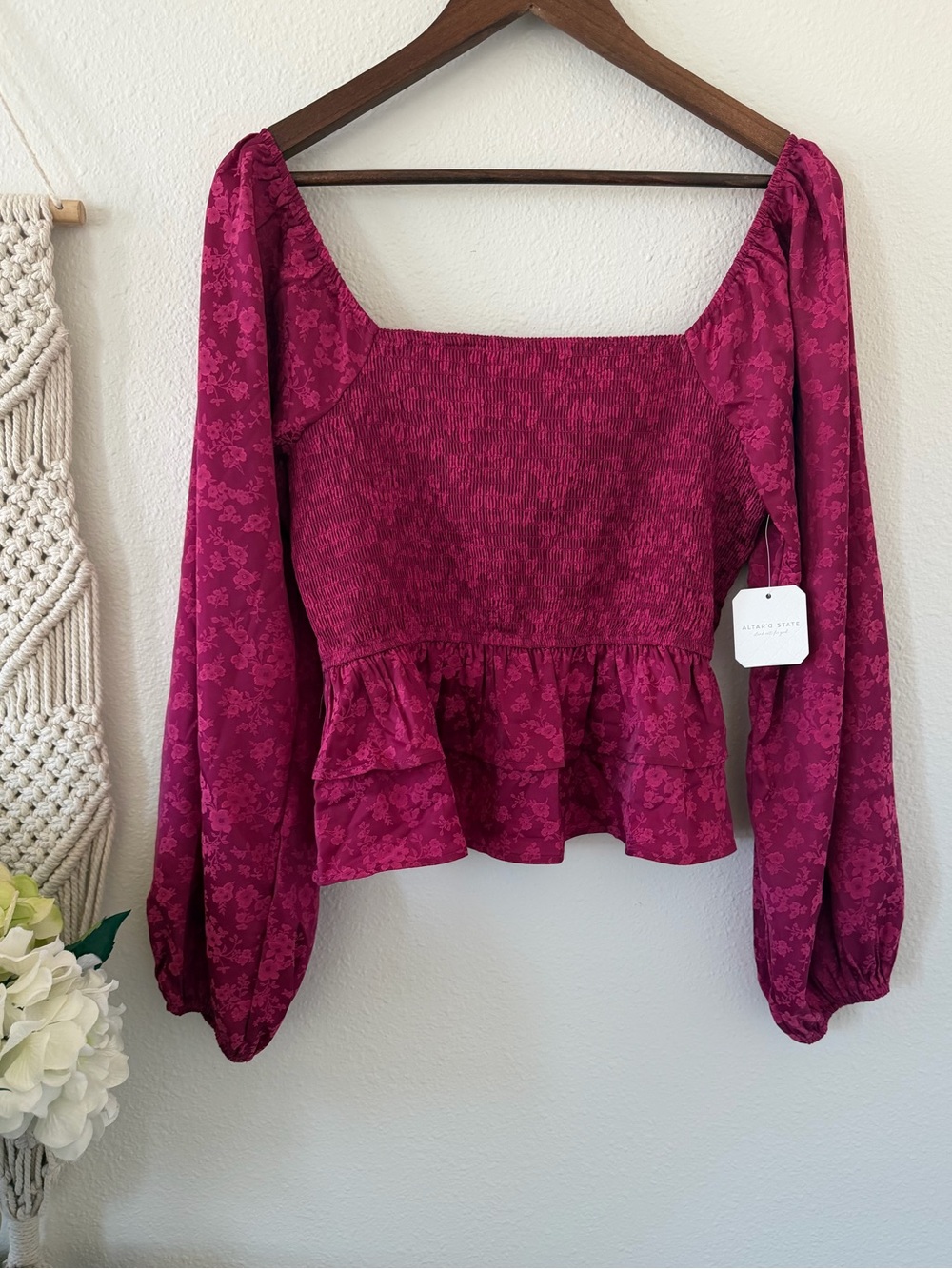 Altar'd State Berry Floral Smocked Square-Neck Peplum Blouse